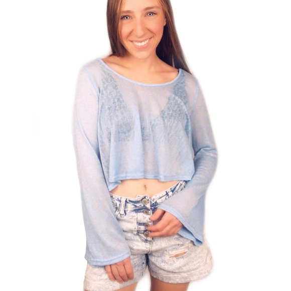 mine Tops - MINE blue flare long sleeve crop top shirt medium